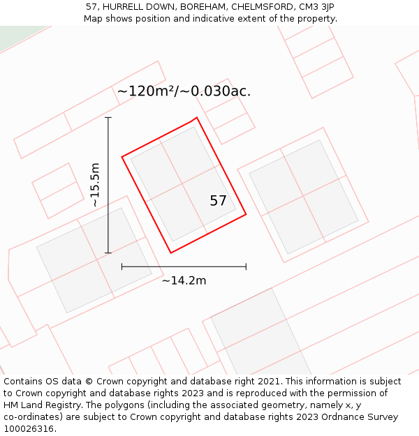 57, HURRELL DOWN, BOREHAM, CHELMSFORD, CM3 3JP: Plot and title map