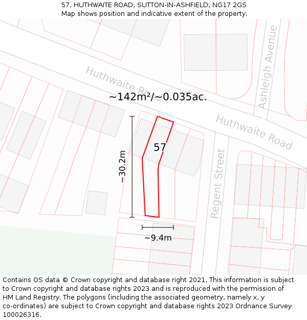 57, HUTHWAITE ROAD, SUTTON-IN-ASHFIELD, NG17 2GS: Plot and title map
