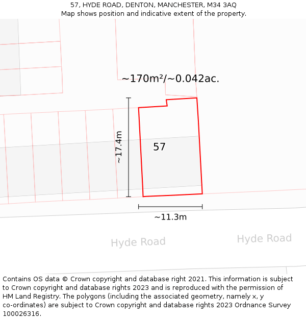 57, HYDE ROAD, DENTON, MANCHESTER, M34 3AQ: Plot and title map