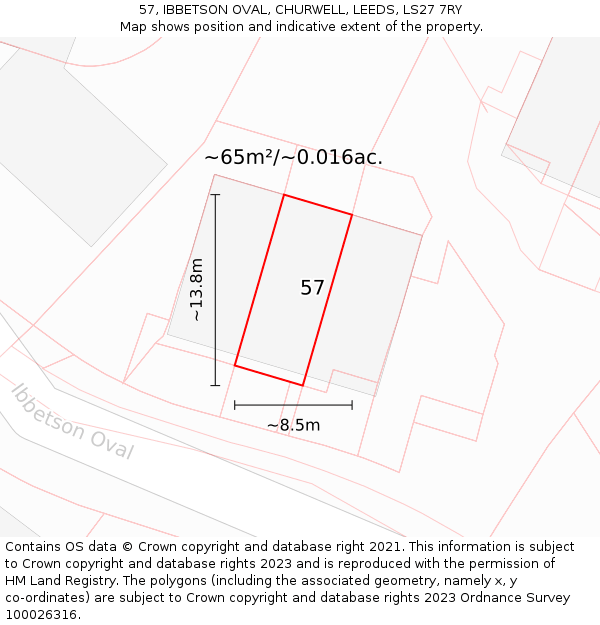57, IBBETSON OVAL, CHURWELL, LEEDS, LS27 7RY: Plot and title map