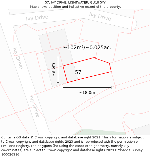 57, IVY DRIVE, LIGHTWATER, GU18 5YY: Plot and title map