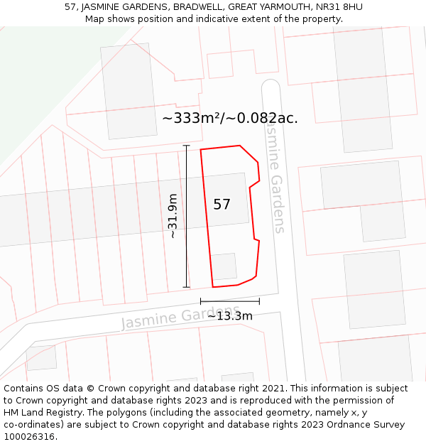 57, JASMINE GARDENS, BRADWELL, GREAT YARMOUTH, NR31 8HU: Plot and title map