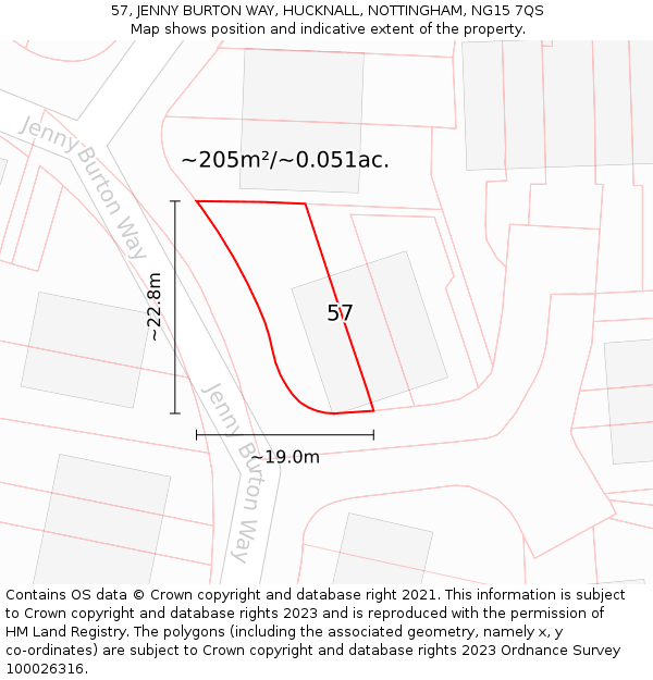 57, JENNY BURTON WAY, HUCKNALL, NOTTINGHAM, NG15 7QS: Plot and title map
