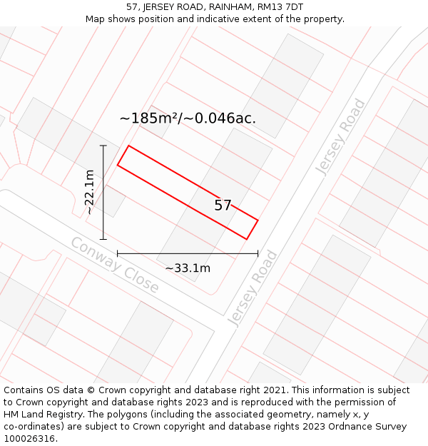 57, JERSEY ROAD, RAINHAM, RM13 7DT: Plot and title map