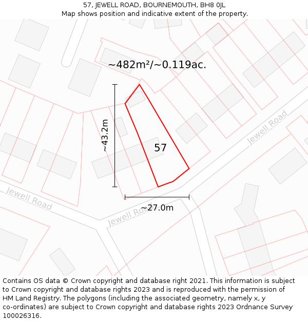 57, JEWELL ROAD, BOURNEMOUTH, BH8 0JL: Plot and title map