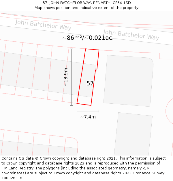 57, JOHN BATCHELOR WAY, PENARTH, CF64 1SD: Plot and title map