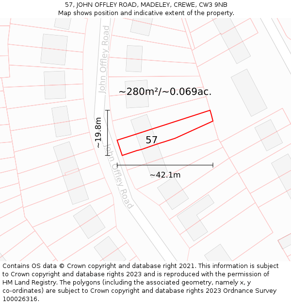 57, JOHN OFFLEY ROAD, MADELEY, CREWE, CW3 9NB: Plot and title map