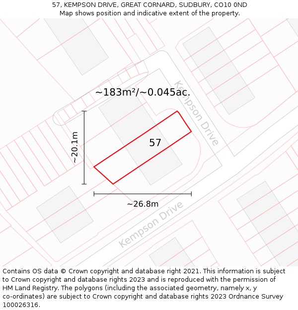 57, KEMPSON DRIVE, GREAT CORNARD, SUDBURY, CO10 0ND: Plot and title map
