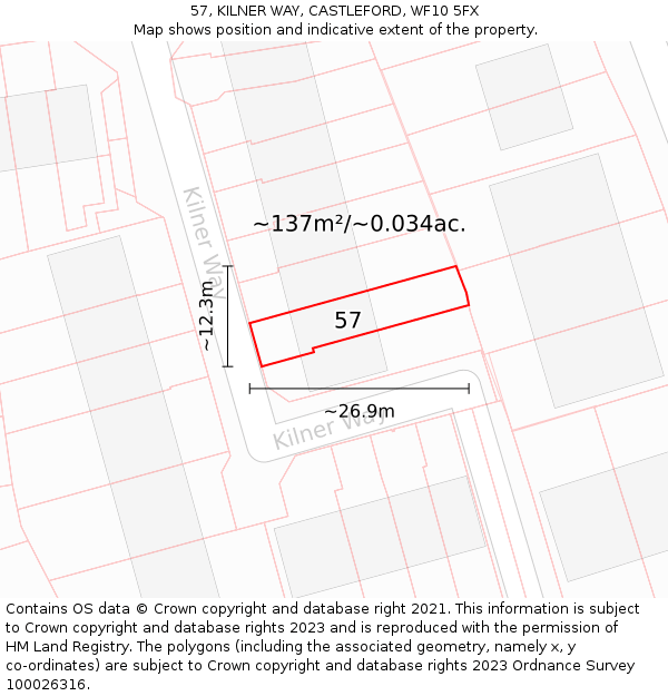 57, KILNER WAY, CASTLEFORD, WF10 5FX: Plot and title map