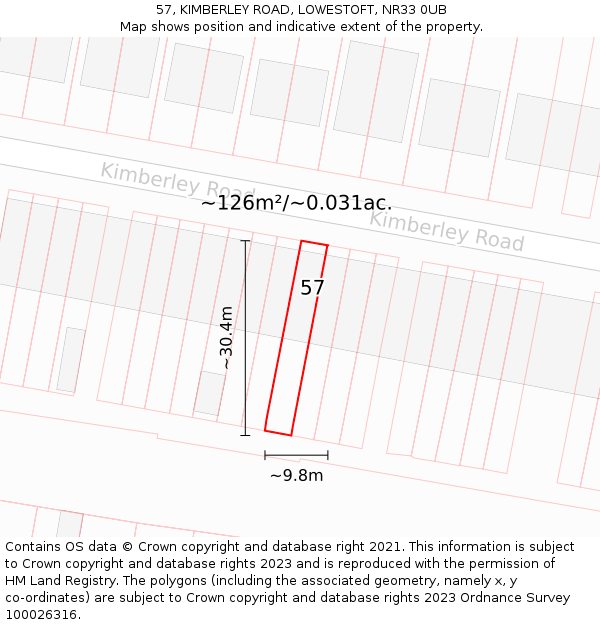 57, KIMBERLEY ROAD, LOWESTOFT, NR33 0UB: Plot and title map