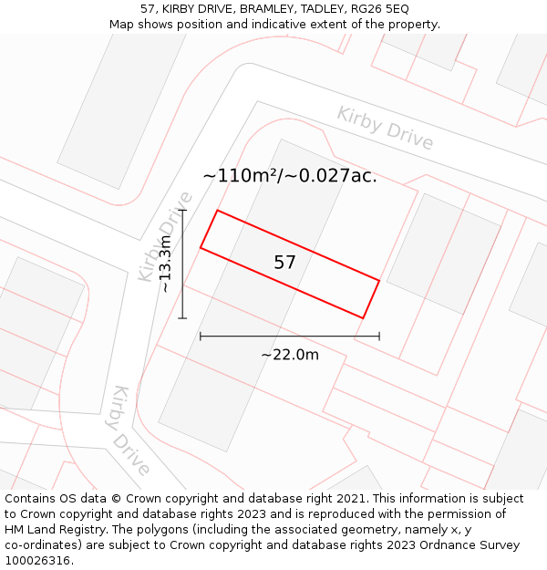 57, KIRBY DRIVE, BRAMLEY, TADLEY, RG26 5EQ: Plot and title map