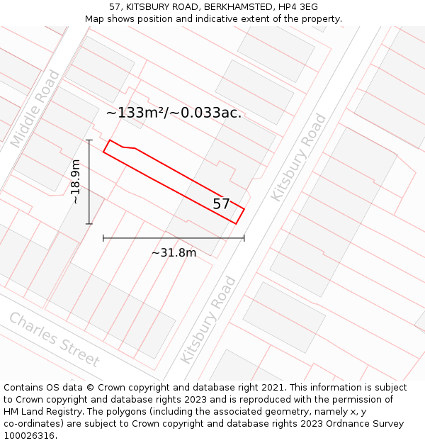 57, KITSBURY ROAD, BERKHAMSTED, HP4 3EG: Plot and title map