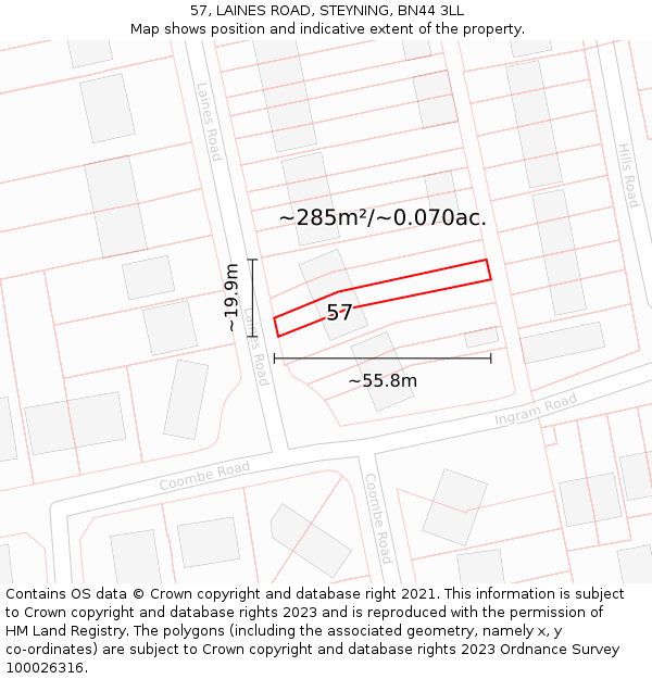 57, LAINES ROAD, STEYNING, BN44 3LL: Plot and title map