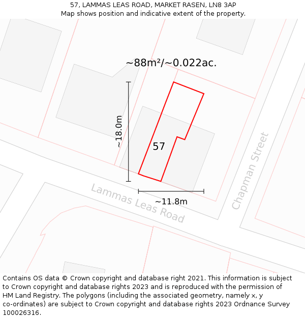 57, LAMMAS LEAS ROAD, MARKET RASEN, LN8 3AP: Plot and title map