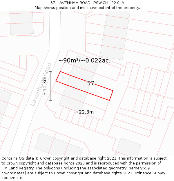 57, LAVENHAM ROAD, IPSWICH, IP2 0LA: Plot and title map