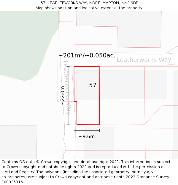 57, LEATHERWORKS WAY, NORTHAMPTON, NN3 9BP: Plot and title map