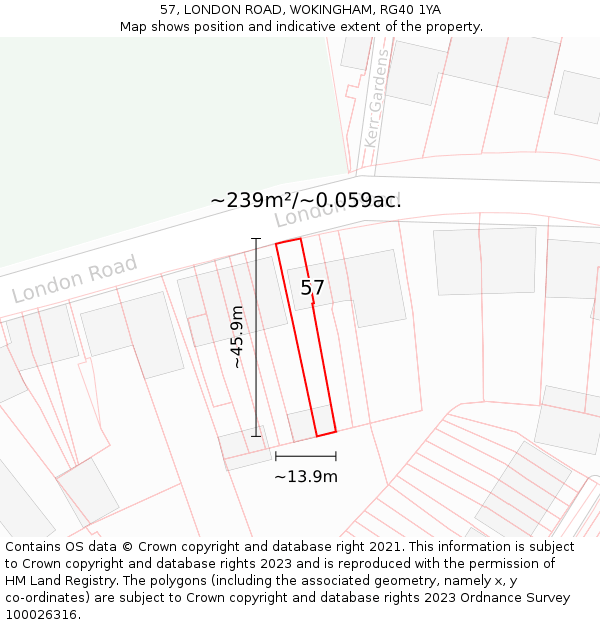 57, LONDON ROAD, WOKINGHAM, RG40 1YA: Plot and title map