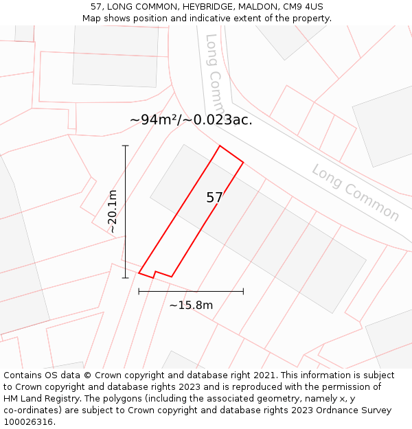 57, LONG COMMON, HEYBRIDGE, MALDON, CM9 4US: Plot and title map