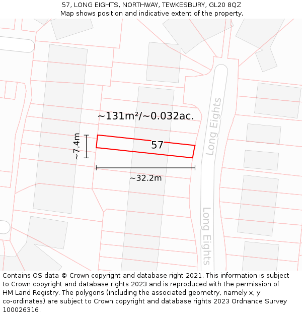 57, LONG EIGHTS, NORTHWAY, TEWKESBURY, GL20 8QZ: Plot and title map