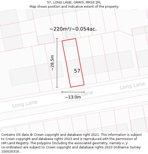 57, LONG LANE, GRAYS, RM16 2PL: Plot and title map