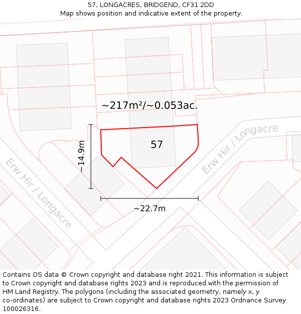 57, LONGACRES, BRIDGEND, CF31 2DD: Plot and title map