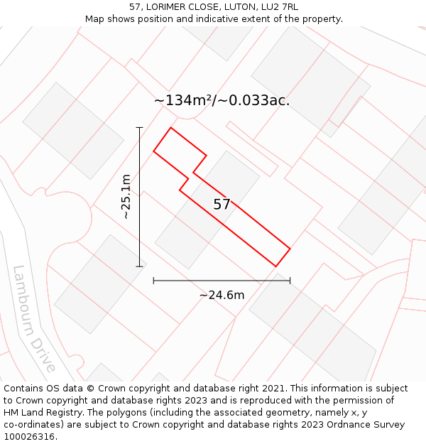 57, LORIMER CLOSE, LUTON, LU2 7RL: Plot and title map