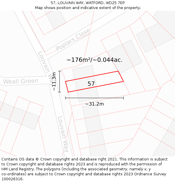 57, LOUVAIN WAY, WATFORD, WD25 7EP: Plot and title map