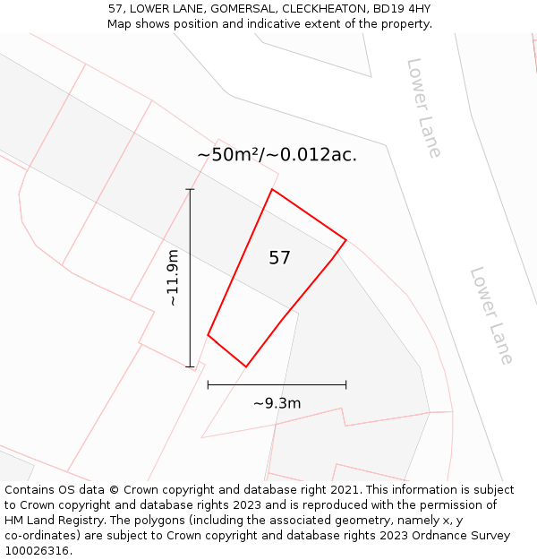 57, LOWER LANE, GOMERSAL, CLECKHEATON, BD19 4HY: Plot and title map
