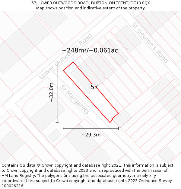 57, LOWER OUTWOODS ROAD, BURTON-ON-TRENT, DE13 0QX: Plot and title map