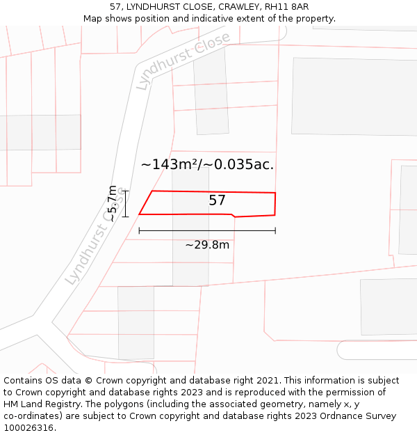 57, LYNDHURST CLOSE, CRAWLEY, RH11 8AR: Plot and title map