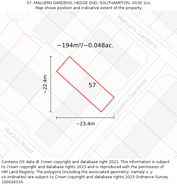 57, MALVERN GARDENS, HEDGE END, SOUTHAMPTON, SO30 2UL: Plot and title map