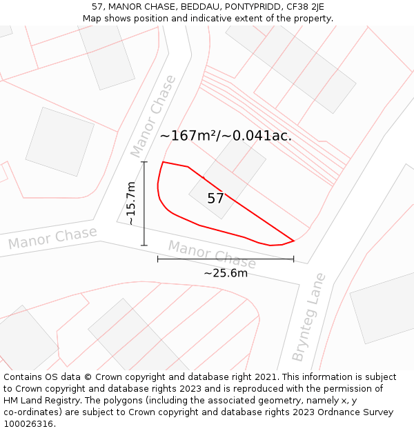 57, MANOR CHASE, BEDDAU, PONTYPRIDD, CF38 2JE: Plot and title map