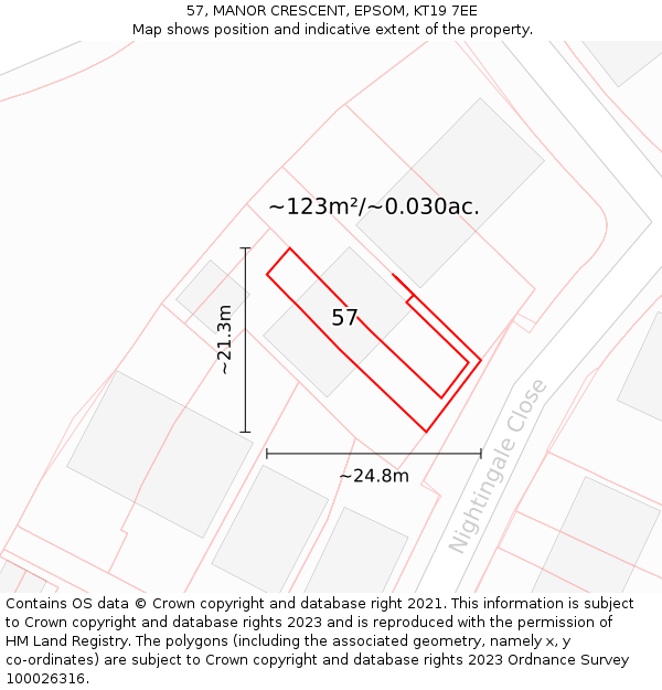 57, MANOR CRESCENT, EPSOM, KT19 7EE: Plot and title map