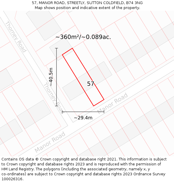 57, MANOR ROAD, STREETLY, SUTTON COLDFIELD, B74 3NG: Plot and title map