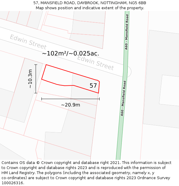 57, MANSFIELD ROAD, DAYBROOK, NOTTINGHAM, NG5 6BB: Plot and title map