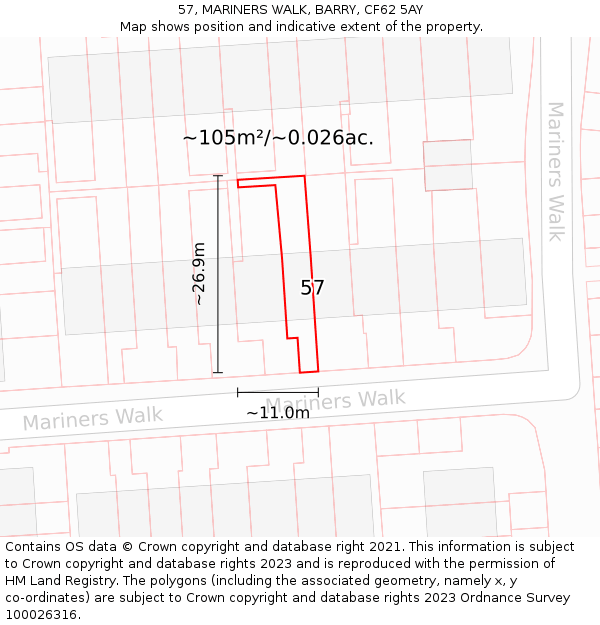 57, MARINERS WALK, BARRY, CF62 5AY: Plot and title map
