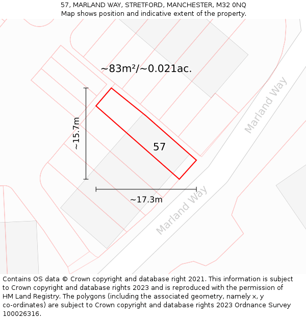 57, MARLAND WAY, STRETFORD, MANCHESTER, M32 0NQ: Plot and title map