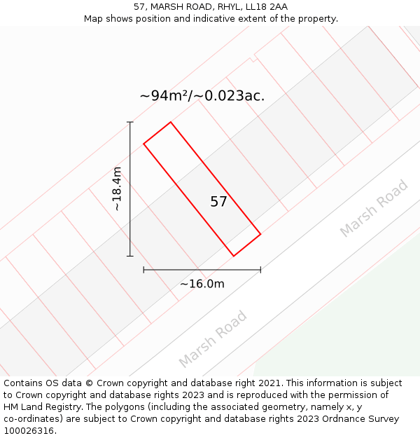 57, MARSH ROAD, RHYL, LL18 2AA: Plot and title map