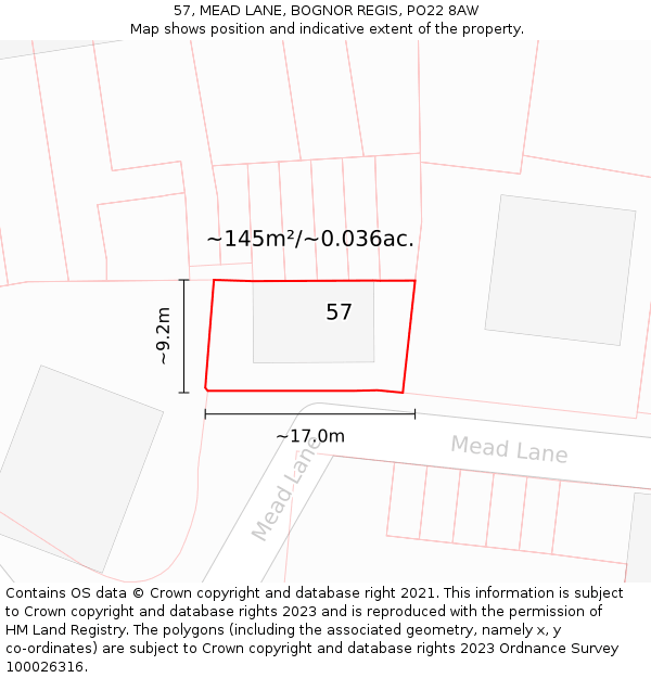 57, MEAD LANE, BOGNOR REGIS, PO22 8AW: Plot and title map