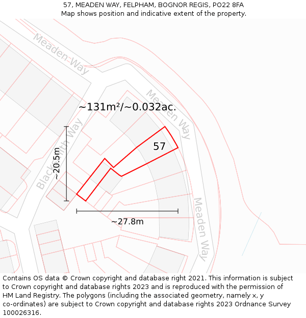 57, MEADEN WAY, FELPHAM, BOGNOR REGIS, PO22 8FA: Plot and title map
