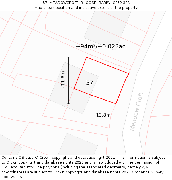 57, MEADOWCROFT, RHOOSE, BARRY, CF62 3FR: Plot and title map