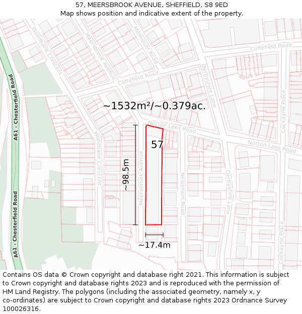 57, MEERSBROOK AVENUE, SHEFFIELD, S8 9ED: Plot and title map