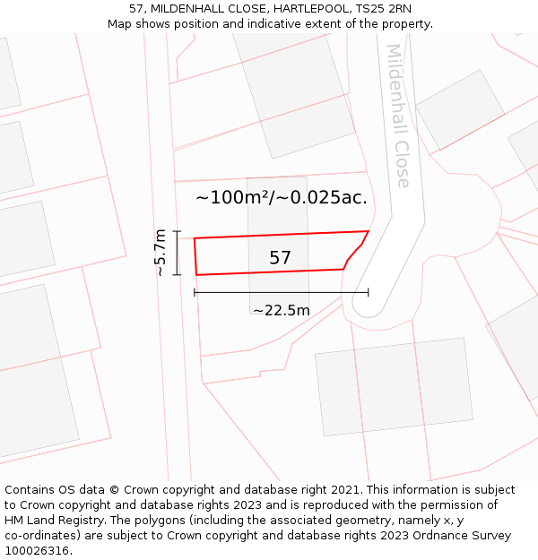 57, MILDENHALL CLOSE, HARTLEPOOL, TS25 2RN: Plot and title map