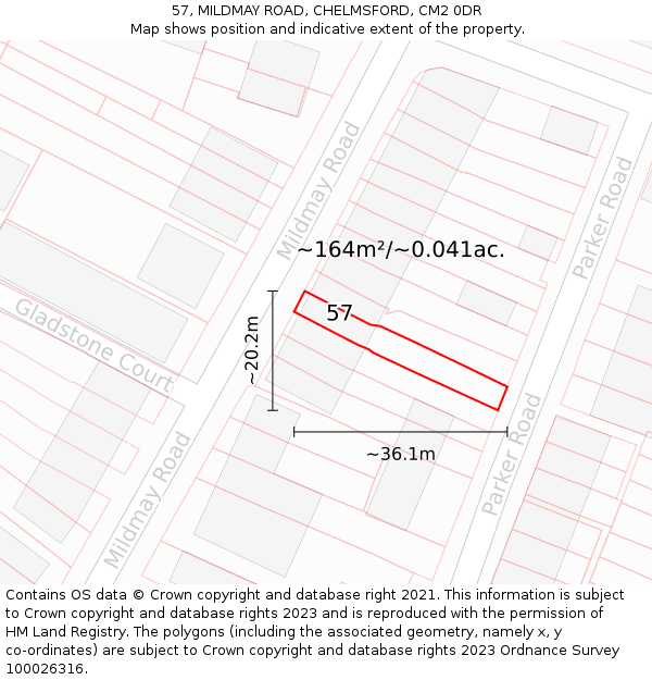 57, MILDMAY ROAD, CHELMSFORD, CM2 0DR: Plot and title map