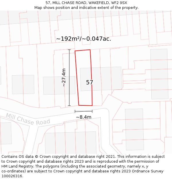 57, MILL CHASE ROAD, WAKEFIELD, WF2 9SX: Plot and title map