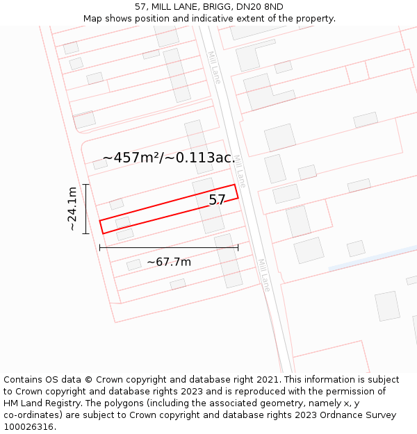 57, MILL LANE, BRIGG, DN20 8ND: Plot and title map