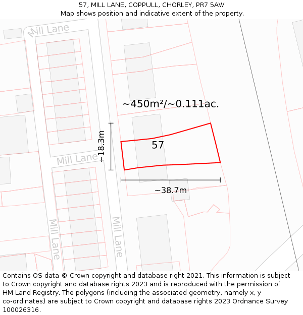 57, MILL LANE, COPPULL, CHORLEY, PR7 5AW: Plot and title map