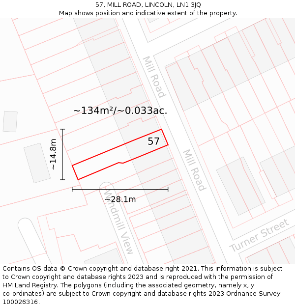 57, MILL ROAD, LINCOLN, LN1 3JQ: Plot and title map
