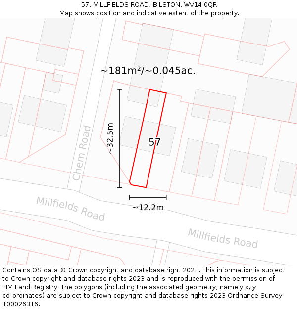 57, MILLFIELDS ROAD, BILSTON, WV14 0QR: Plot and title map