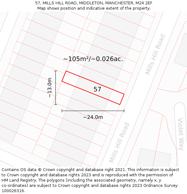 57, MILLS HILL ROAD, MIDDLETON, MANCHESTER, M24 2EF: Plot and title map
